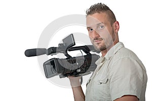 Man with professional camcorder isolated on white background