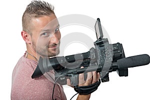 Man with professional camcorder isolated on white background