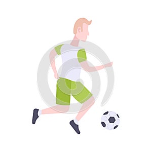 Man professional soccer player kicks ball football concept guy running pose male cartoon character full length flat