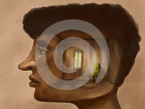 Man profile illustration. head with a dirty room inside. Human emptiness, depression, inner empty world, pain of loss, loneliness