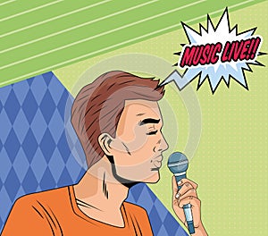Man profile with microphone and music live word pop art style character