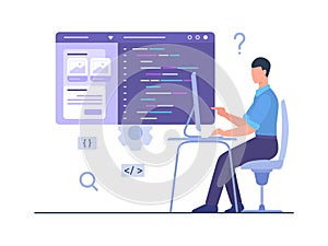 Man programer sit chair work on computer create development mobile app with flat cartoon style.