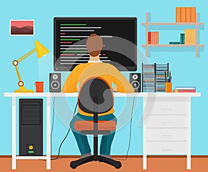 Man programmer back working on his PC computer. Coding and programming. Office interior programmer.