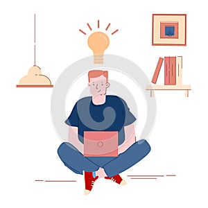 Man Programmer, Designer or Coder Working on Computer with Glowing Light Bulb above Head. Office Worker