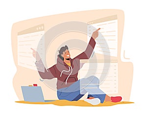 Man Programmer or Gui Designer Character Working on Computer with Interactive Interface Screens Develop Web Site Page
