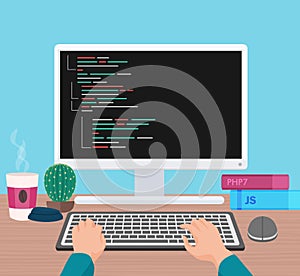 Man programmer hands working on his PC computer. Coding and programming. Head monitor view vector illustration.