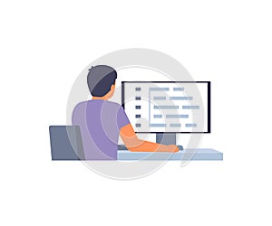Man programmer, software developer working on web development on computer, back view. Man work script coding and
