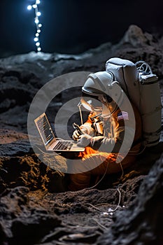 A man programmer in a spacesuit coding using a laptop computer on the moon. Work remote on the moon.