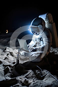 A man programmer in a spacesuit coding using a laptop computer on the moon. Work remote on the moon.