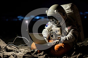 A man programmer in a spacesuit coding using a laptop computer on the moon. Work remote on the moon.