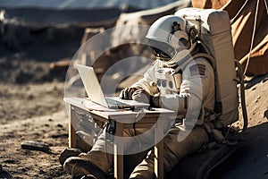 A man programmer in a spacesuit coding using a laptop computer on the moon. Work remote on the moon.
