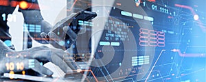 Man working with phone and laptop, data server processing hologram