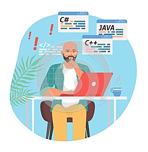 Man programmer work on computer laptop vector