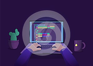 Man programmer working on computer with code on screen illustration.