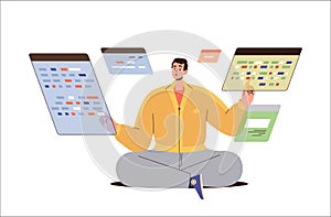 Man programmer working on virtual screen coding website or application vector illustration