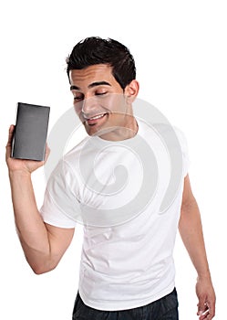 Man promoting selling a boxed product photo