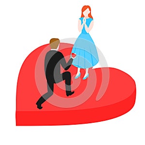 Man propose to woman kneeling with marriage ring box. Groom and bride, wedding proposal. Isometric Engaged Couple
