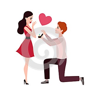 Man proposes woman to marry him. Love engagement, lover stand on knee and asking woman merry him, gives gold ring with