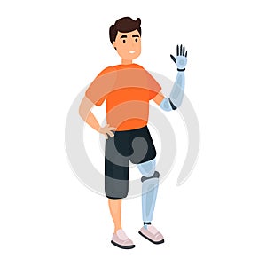 Man with prosthetic leg and hand flat icon. Colored vector element from disabled collection. Creative Man with
