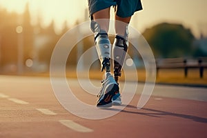 Man with prosthetic leg walking outdoor - Fitness and disability concept. Closeup. Generative AI