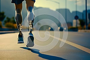 Man with prosthetic leg walking outdoor - Fitness and disability concept. Closeup. Generative AI