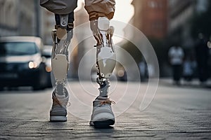 A man on prosthetic legs moves around the city. Inclusiveness of society for disabled children and war veterans.