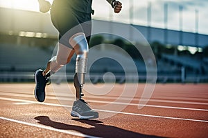 A man on prosthetic legs running on stadium. A man on prosthetic legs doing sport. Inclusiveness of society for disabled