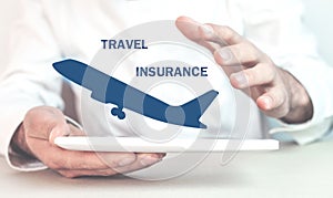 Man protect airplane. Travel insurance