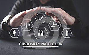 Man with protect gesture. Customer protection