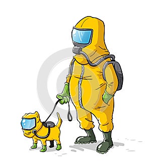 Man in protective bio hazzard suit walking his dog