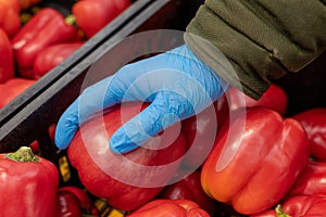 Man in protective blue gloves buys vegetables. Close-up. Red pepper in hand. Buying food during a pandemic