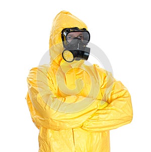 Man in protective hazmat suit.