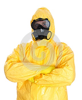 Man in protective hazmat suit.