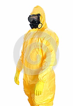 Man in protective hazmat suit.