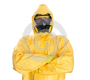 Man in protective hazmat suit.