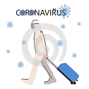 A man in a protective medical suit travels with a valise the coronovirus epidemic.