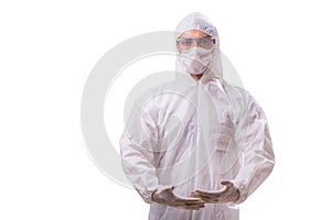 The man in protective suit isolated on white background