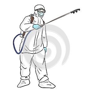 Man in protective suit spraying disinfectant to cleaning and disinfect Covid-19 virus vector illustration sketch doodle hand drawn