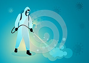 Man in protective suit spraying disinfectant to cleaning and disinfect virus