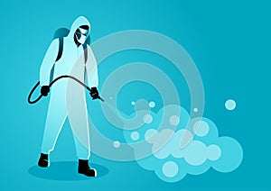 Man in protective suit spraying disinfectant to cleaning and disinfect virus photo