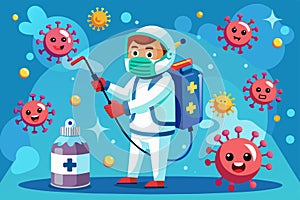 A man in a protective suit spraying disinfection to eliminate viruses in a customizable cartoon illustration, Virus disinfection