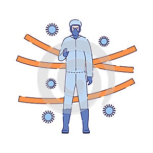 Man in protective suit vector illustration. Caution coronavirus. Quarantine area. Global viral epidemic or pandemic. Isolated