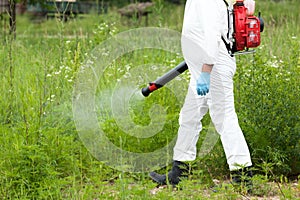 Man in protective workwear spraying herbicide on ragweed. Weed control. photo