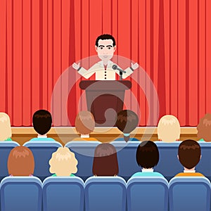 Man are protrude in meeting room, vector illustration, flat cartoon drawing. Male in business suit with a tie stands on the scene photo