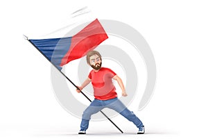 Man proudly holding waving flag of Czech Republic. Isolated on white background. 3D Rendering