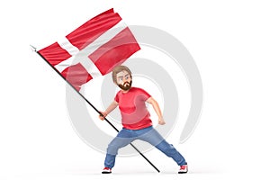 Man proudly holding waving flag of Denmark. Isolated on white background. 3D Rendering