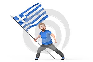 Man proudly holding waving flag of Greece. Isolated on white background. 3D Rendering