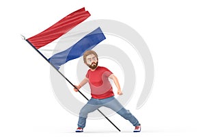 Man proudly holding waving flag of Netherlands. Isolated on white background. 3D Rendering