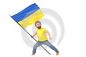 Man proudly holding waving flag of Ukraine. Isolated on white background. 3D Rendering