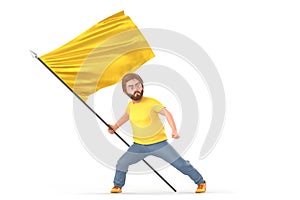 Man proudly holding waving yellow flag. Isolated on white background. 3D Rendering